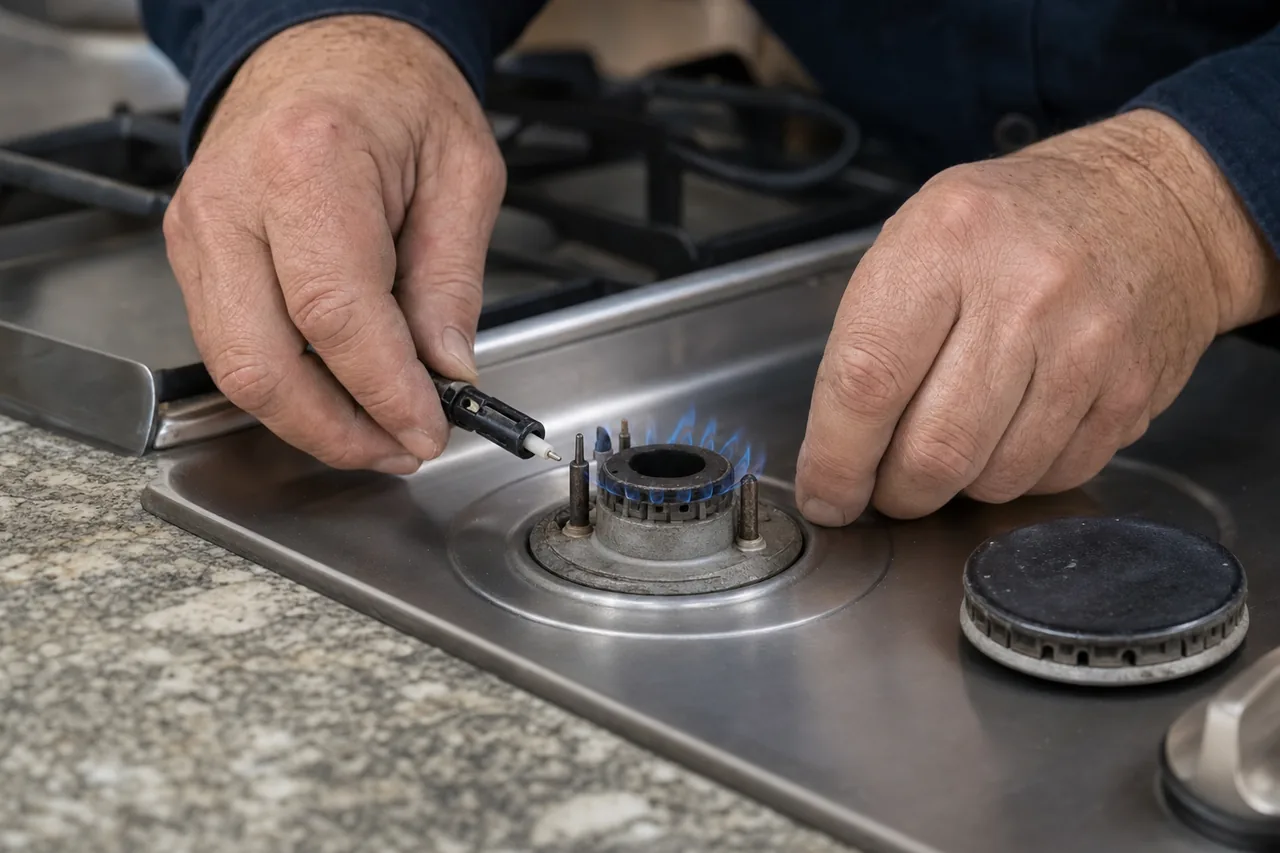 Technician adjusting a gas cooktop burner in a Mamaroneck kitchen