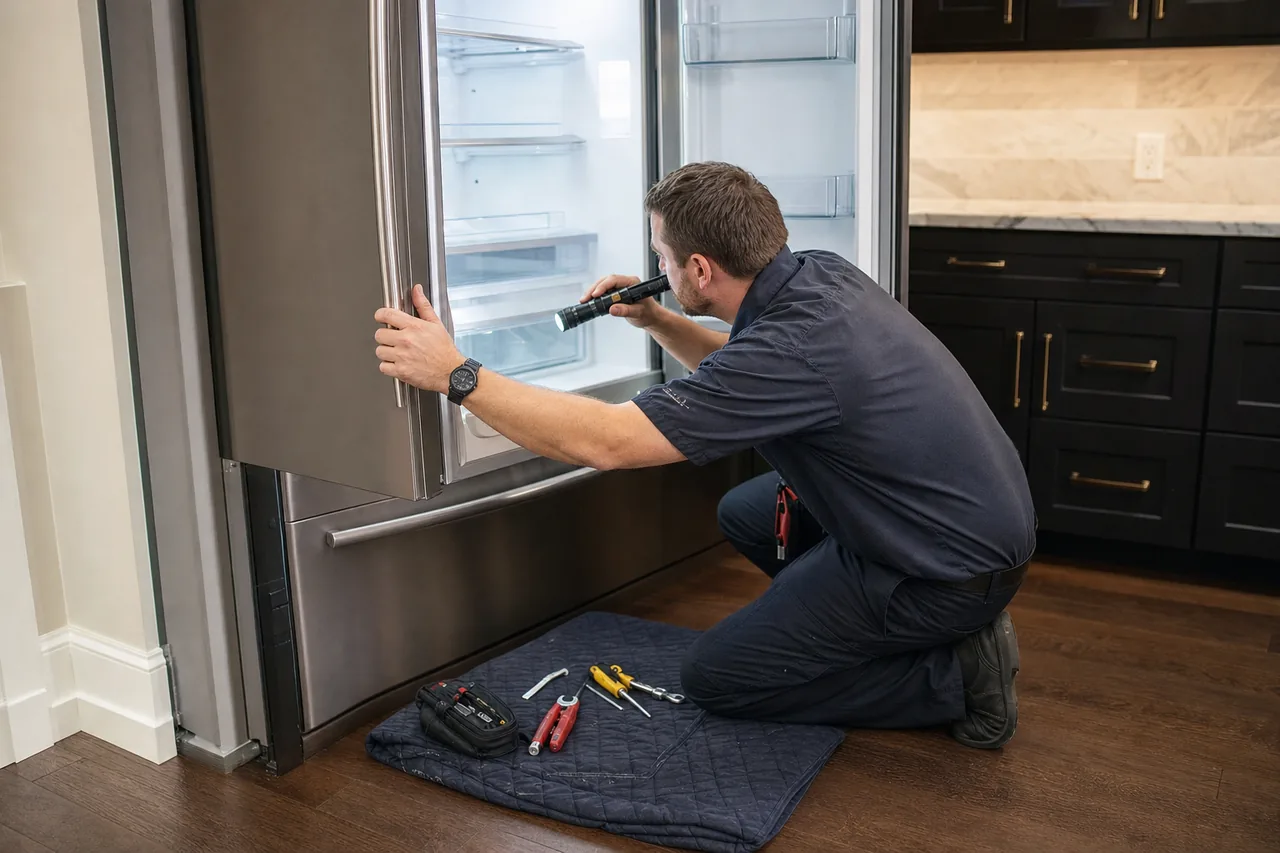 Technician repairing a built-in refrigerator up close