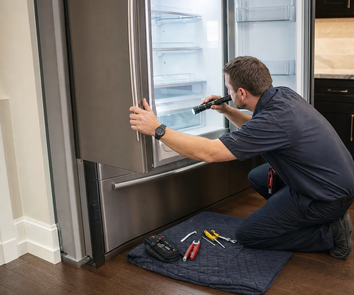 Technician repairing a built-in refrigerator up close