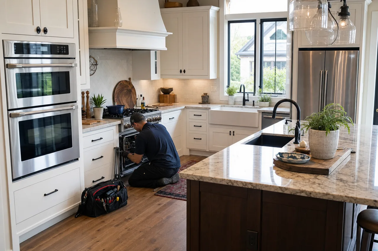 A Mamaroneck kitchen with a Wolf range and a built-in Sub-Zero refrigerator