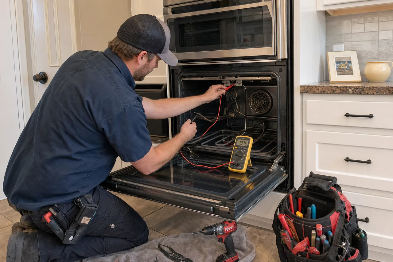 Technician servicing a built-in wall oven