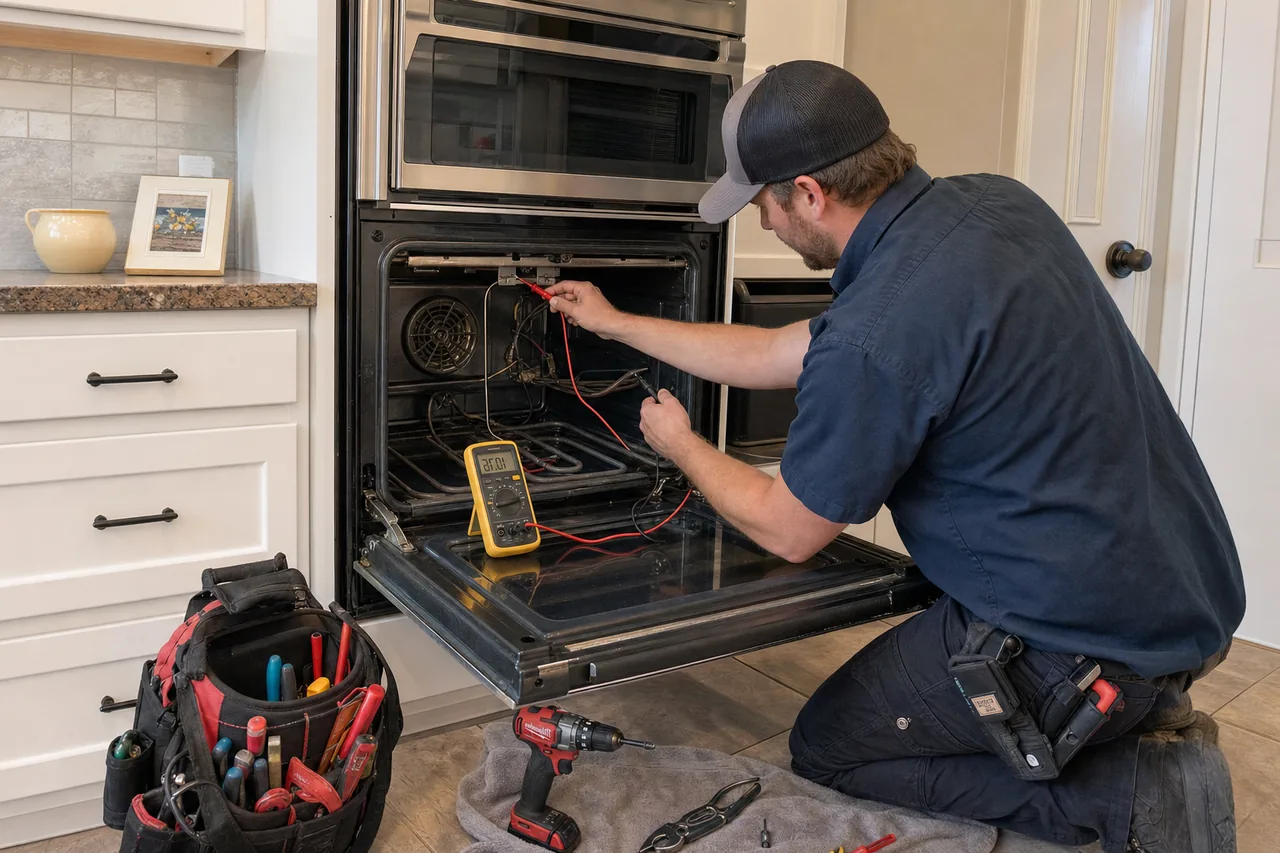 Technician servicing a built-in wall oven in a Mamaroneck kitchen